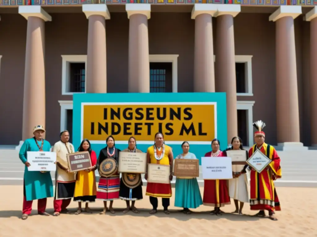 Un grupo de indígenas determinados frente a un museo, luchando por la restitución del patrimonio cultural colonial