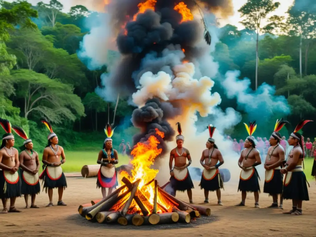 Grupo de indígenas en festividades promueven derechos, danzando alrededor de fogata en el bosque, expresando orgullo cultural y unidad