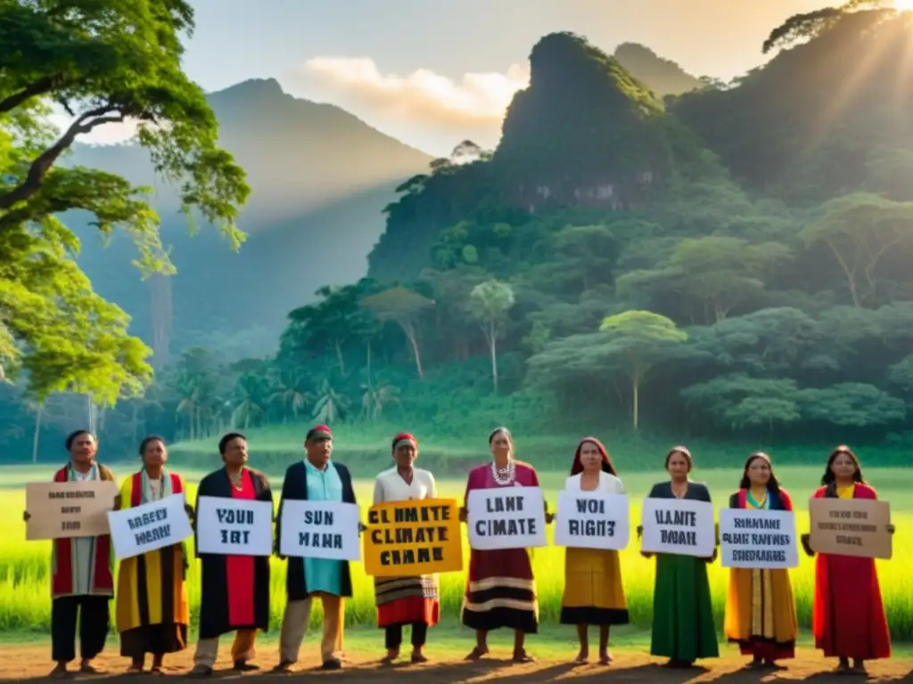 Grupo de indígenas frente a un bosque verde, sosteniendo carteles sobre cambio climático y derechos humanos al atardecer