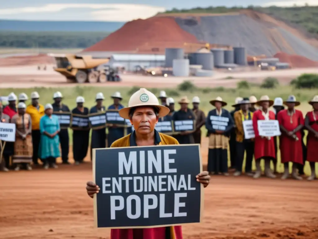 Un grupo de indígenas protesta frente a una mina, expresando su preocupación por el impacto de la minería en sus comunidades