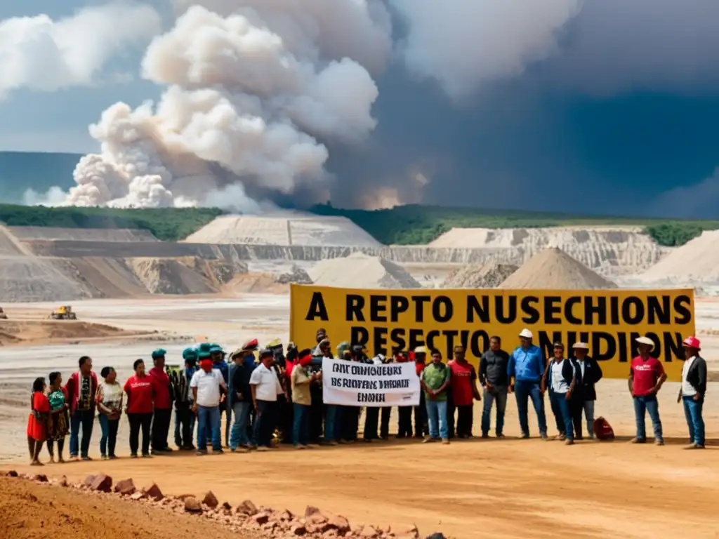 Un grupo de indígenas frente a una mina a cielo abierto con carteles 'Respeto a nuestros derechos' y 'No más destrucción'