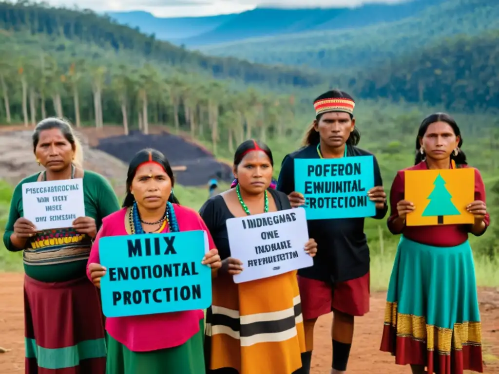 Un grupo de indígenas frente a un paisaje deforestado, expresando determinación y tristeza