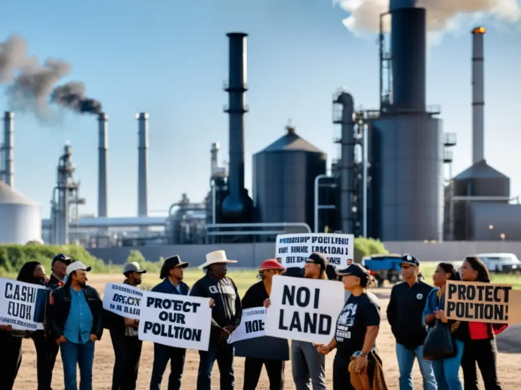 Grupo de indígenas protestando frente a una refinería, denunciando la inversión en combustibles y derechos humanos