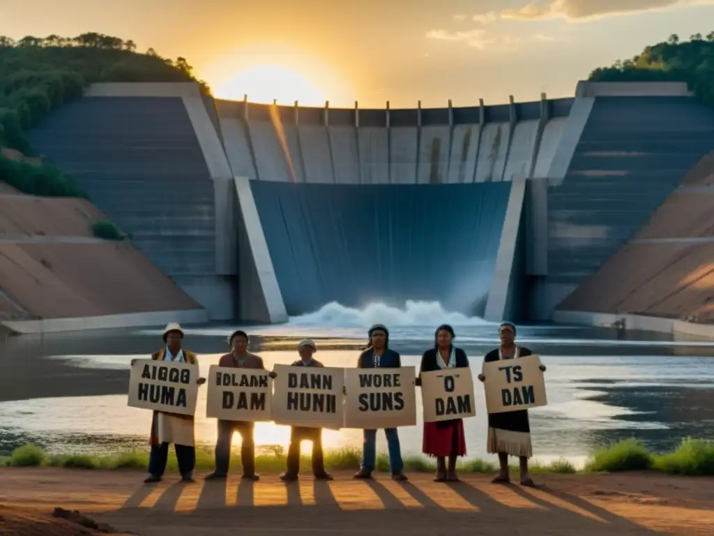 Grupo de indígenas protestando frente a una represa con el sol poniéndose detrás