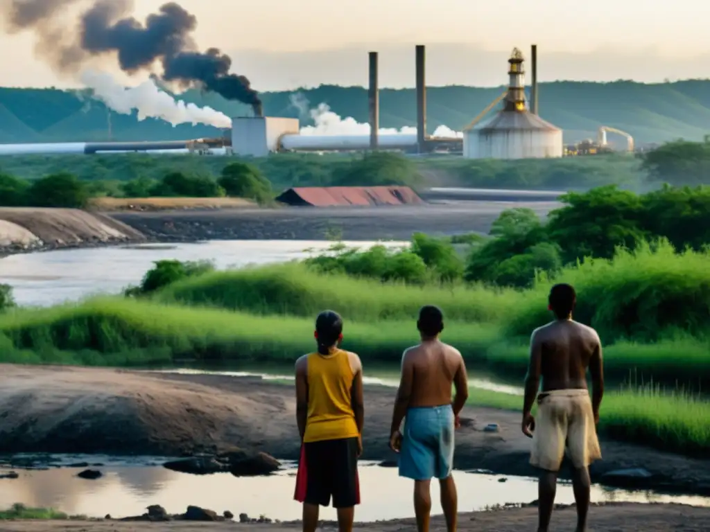 Un grupo de indígenas junto a un río contaminado por ChevronTexaco en Ecuador, expresando la lucha por sus derechos