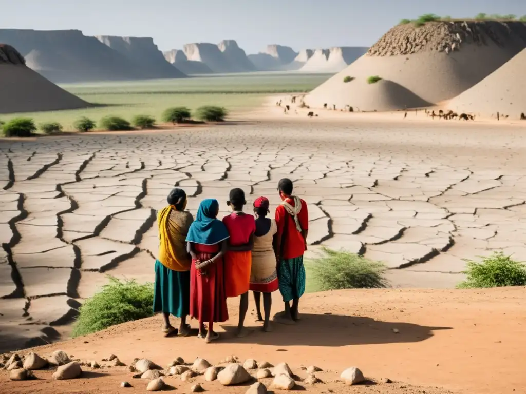 Grupo de indígenas preocupados observando la devastación del cambio climático en su aldea remota