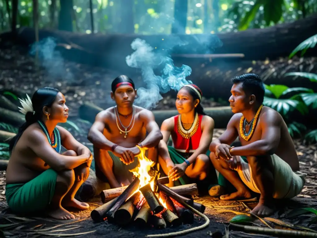 Grupo de indígenas reunidos alrededor de una fogata en la selva