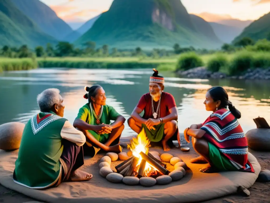 Grupo de indígenas reunidos alrededor de un fuego comunitario, transmitiendo historias y enseñanzas al atardecer en las montañas