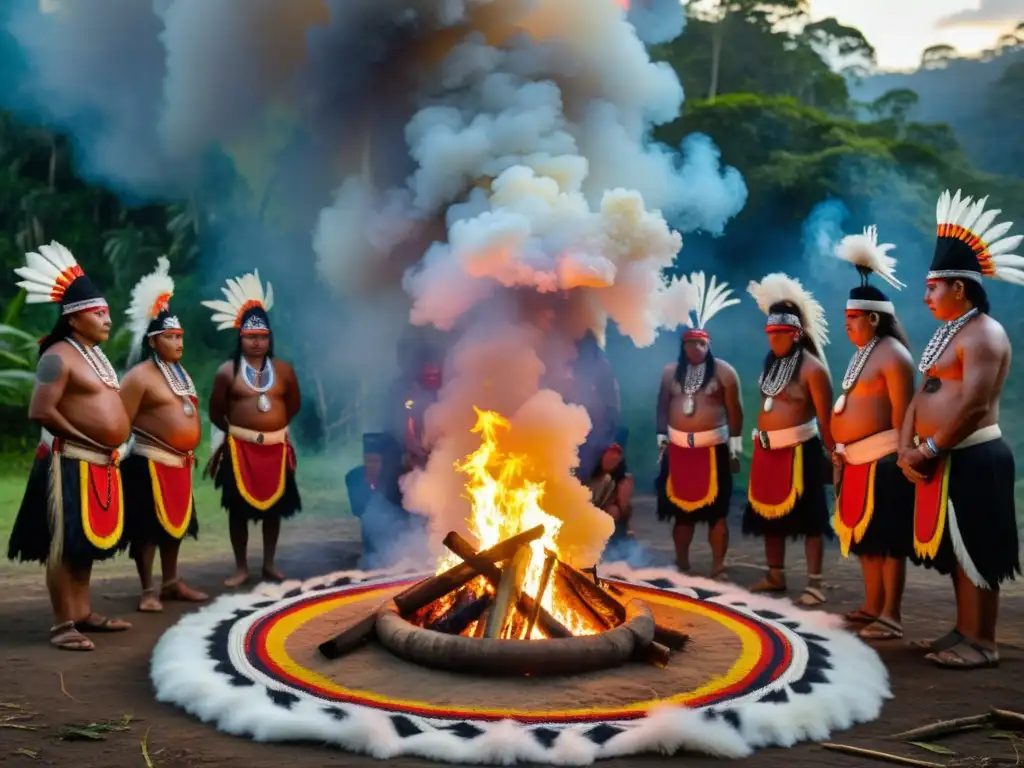 Grupo de indígenas realizando un ritual sagrado alrededor del fuego en la selva