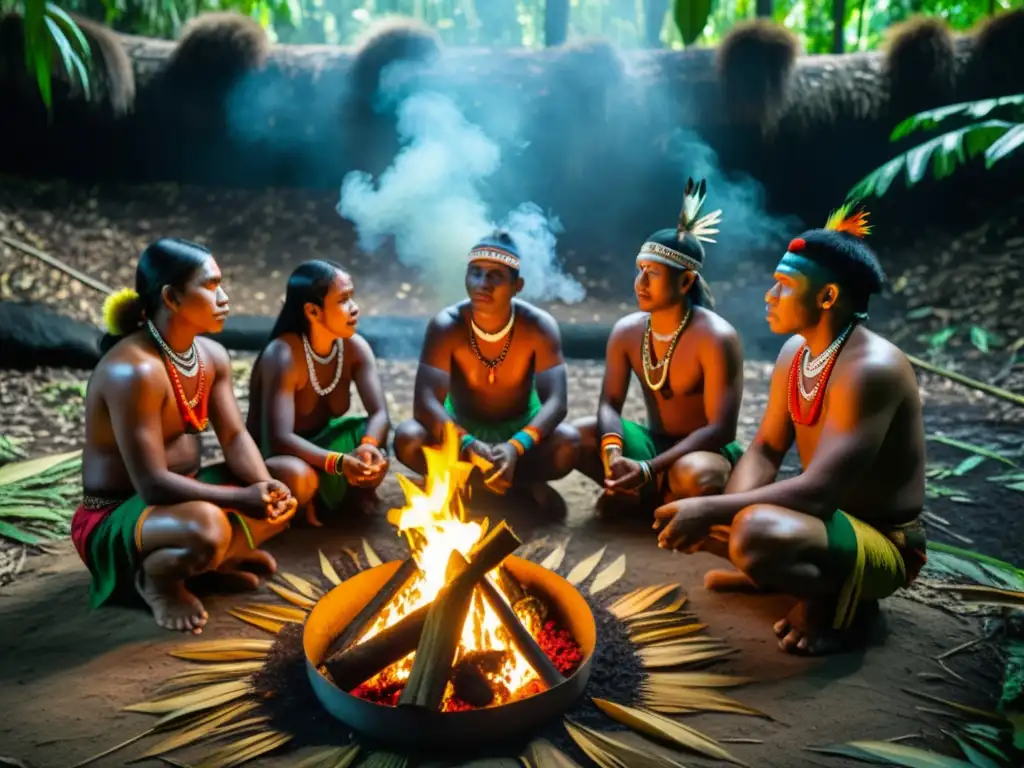 Un grupo de indígenas realiza un ritual en la selva, destacando sus coloridos trajes y expresiones serias