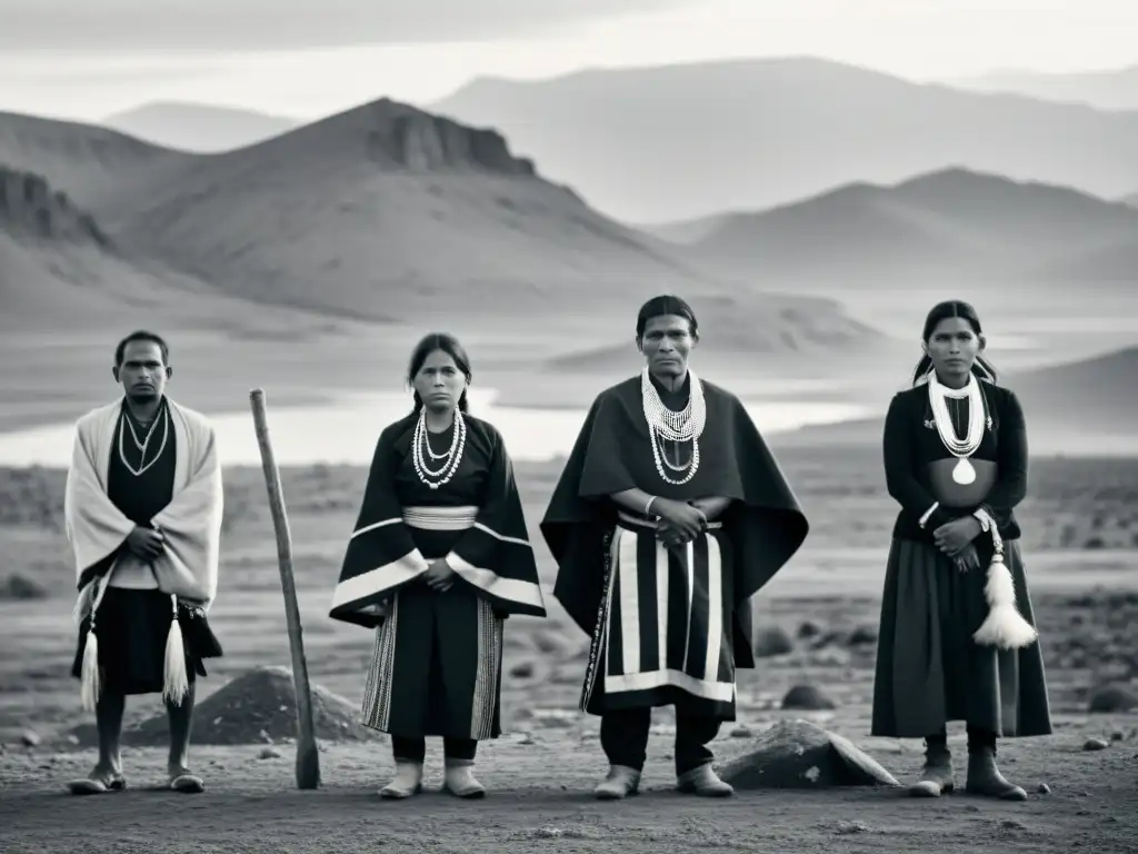 Grupo de indígenas con trajes tradicionales frente a paisaje desolado, representando la fortaleza y resiliencia de su comunidad frente a genocidios silenciados y la lucha por sus derechos indígenas en la historia