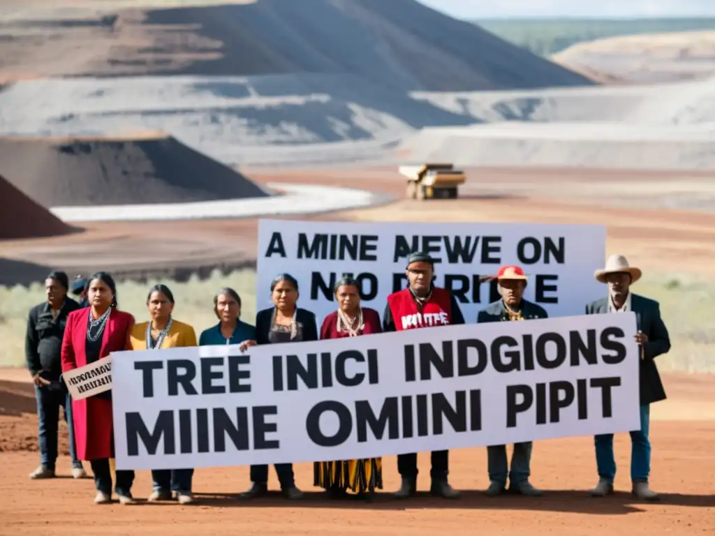 Grupo de indígenas protestando contra la violación de derechos de pueblos originarios por la minería, con expresiones de determinación