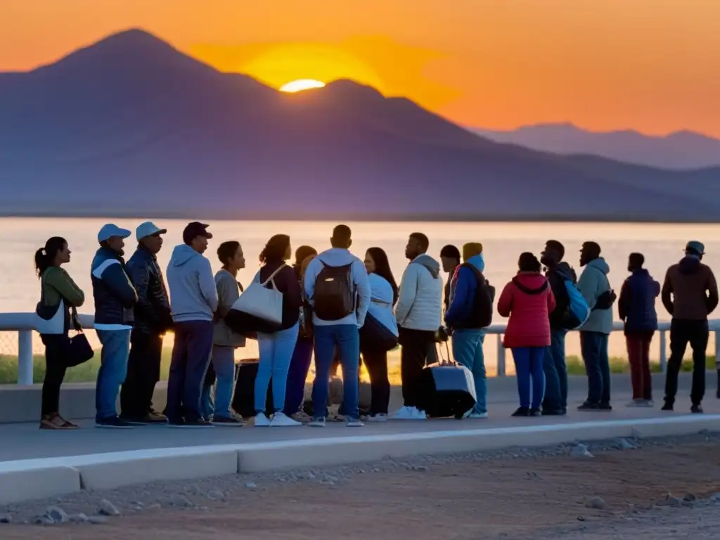 Grupo de inmigrantes esperanzados y determinados en un punto fronterizo al atardecer, mostrando resiliencia en desafíos de la libertad de movimiento