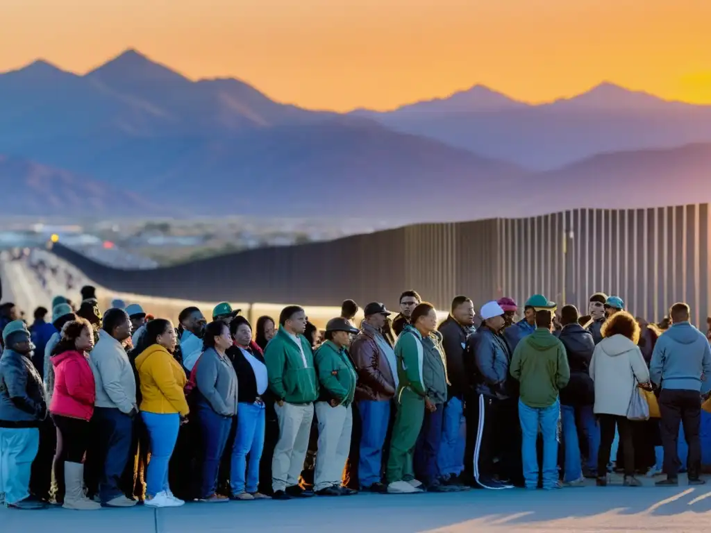 Un grupo de inmigrantes espera en la fila de un cruce fronterizo, reflejando esperanza y determinación