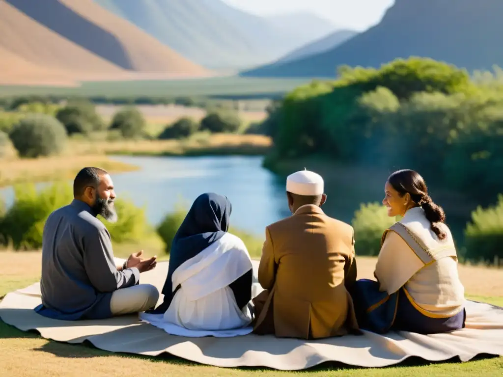 Grupo interreligioso dialogando en paisaje sereno, promoviendo sanación postconflicto con ética y comprensión religiosa