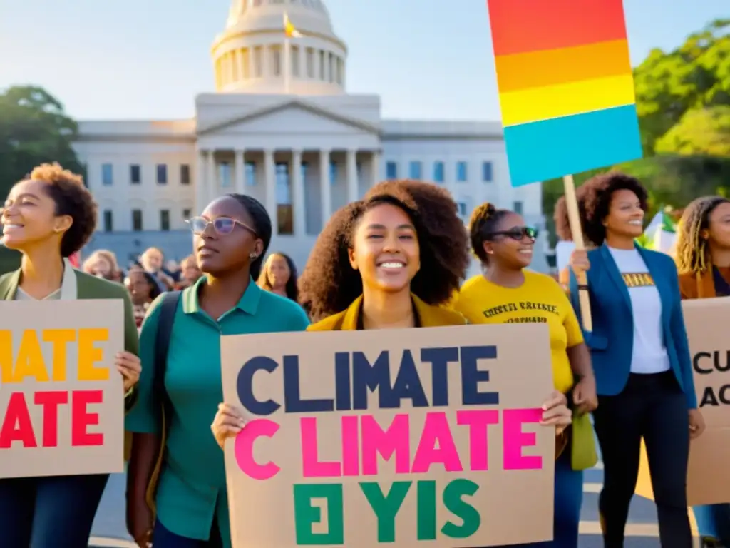 Grupo de jóvenes activistas con carteles coloridos frente a edificio gubernamental, participando con pasión en protesta climática