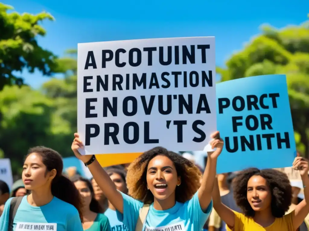 Un grupo de jóvenes activistas marcha con carteles en una manifestación por los derechos ambientales, con naturaleza exuberante de fondo