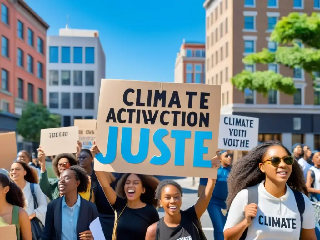 Grupo de jóvenes activistas marchando por la ciudad con pancartas por la influencia de jóvenes en política ambiental