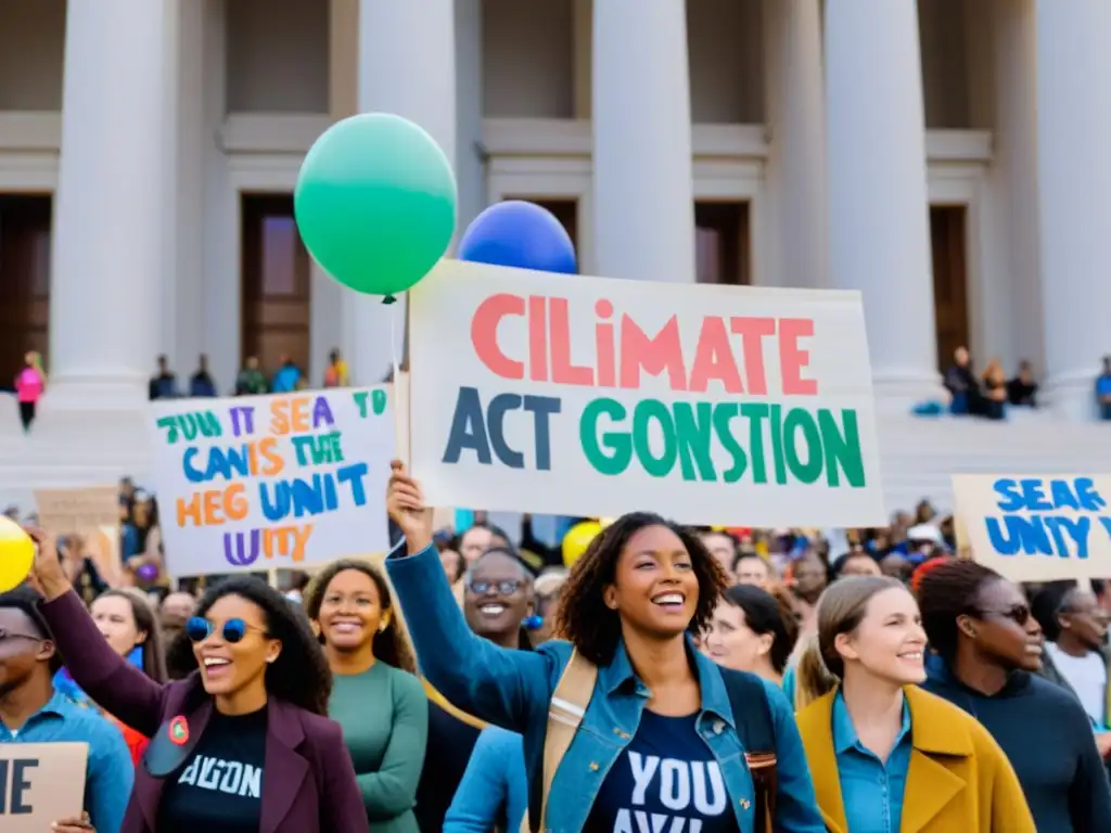 Un grupo de jóvenes activistas diversos con pancartas pintadas a mano, frente a un edificio gubernamental, muestra determinación y pasión en sus ojos