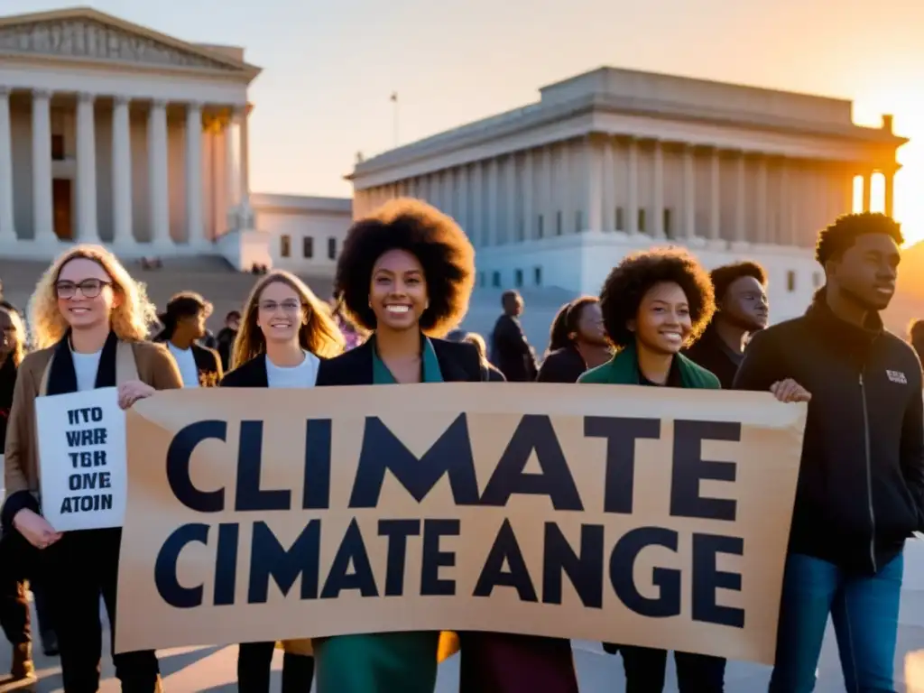 Un grupo de jóvenes activistas diversos con carteles sobre el cambio climático frente a un edificio gubernamental al atardecer