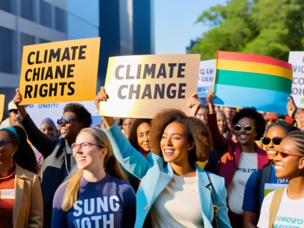 Un grupo de jóvenes activistas diversos se unen frente a una multitud, sosteniendo pancartas coloridas con mensajes empoderadores sobre el cambio climático y los derechos humanos