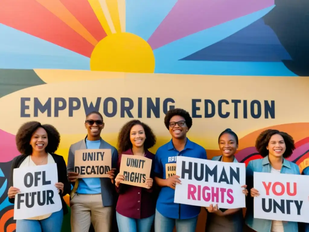 Un grupo de jóvenes activistas diversos frente a un mural colorido, sosteniendo pancartas con mensajes empoderadores sobre derechos humanos y educación para futuros defensores