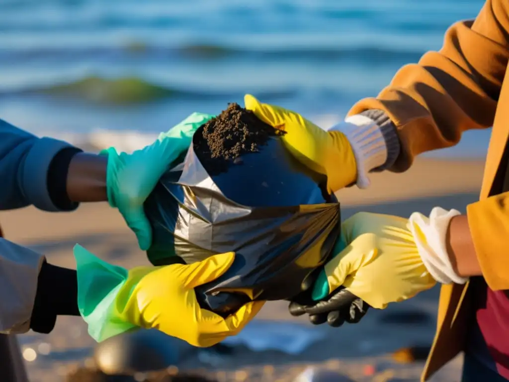 Un grupo de jóvenes activistas diversos se dan la mano limpiando una playa contaminada al atardecer