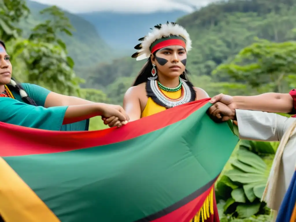 Grupo de jóvenes activistas indígenas unidos en un círculo en la selva, listos para luchar por los derechos humanos globales