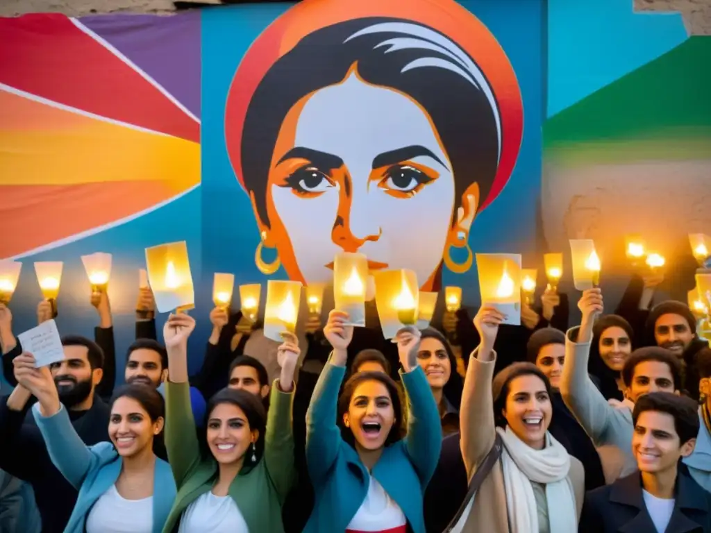 Grupo de jóvenes activistas iraníes desafía el régimen con determinación y esperanza frente a mural de resistencia y libertad, iluminados por velas