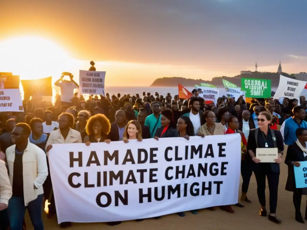 Grupo de jóvenes activistas con mensajes sobre activismo climático y derechos humanos, frente a un edificio gubernamental, rodeados de seguidores y cámaras, con el sol poniéndose detrás de ellos, simbolizando la esperanza y la determinación del movimiento juvenil en la agenda global de derechos humanos