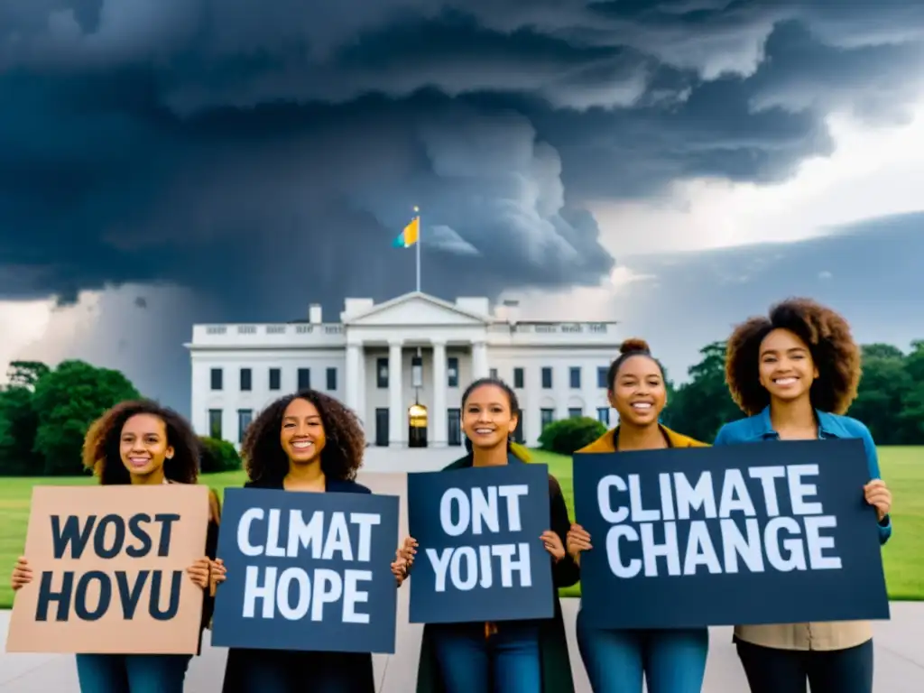 Un grupo de jóvenes activistas diversos sostiene pancartas de protesta sobre el cambio climático frente a un edificio gubernamental, con determinación y pasión en sus ojos