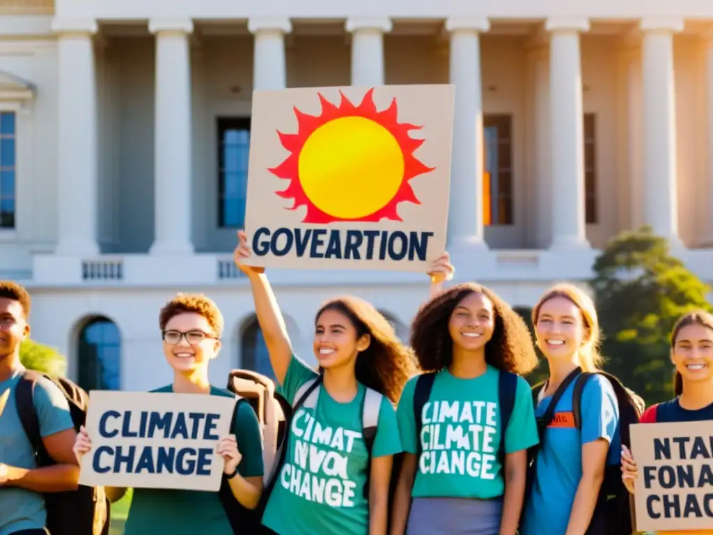 Un grupo de jóvenes activistas sostienen pancartas con mensajes poderosos sobre el cambio climático frente a un edificio gubernamental al atardecer