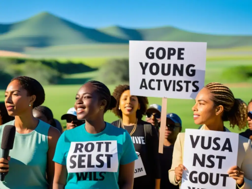 Grupo de jóvenes activistas con pancartas por el cambio climático, expresando su determinación y esperanza en movimientos juveniles cambio climático