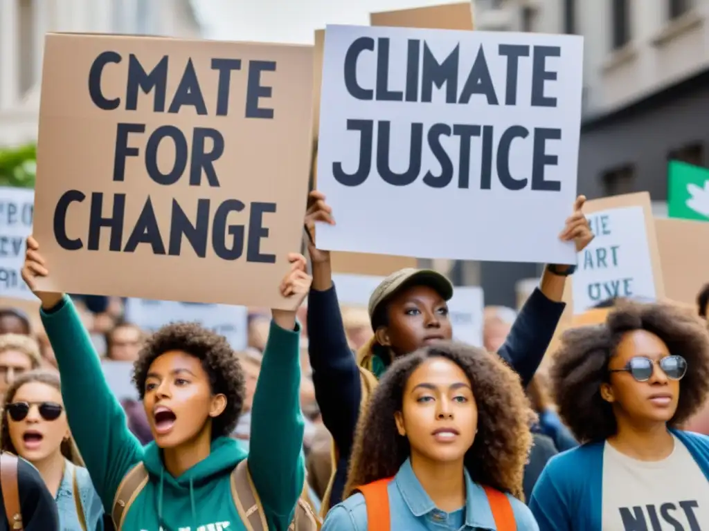 Un grupo de jóvenes activistas marchando con pancartas en una calle de la ciudad, mostrando determinación y energía en la lucha por el Derecho a la Protesta Climática