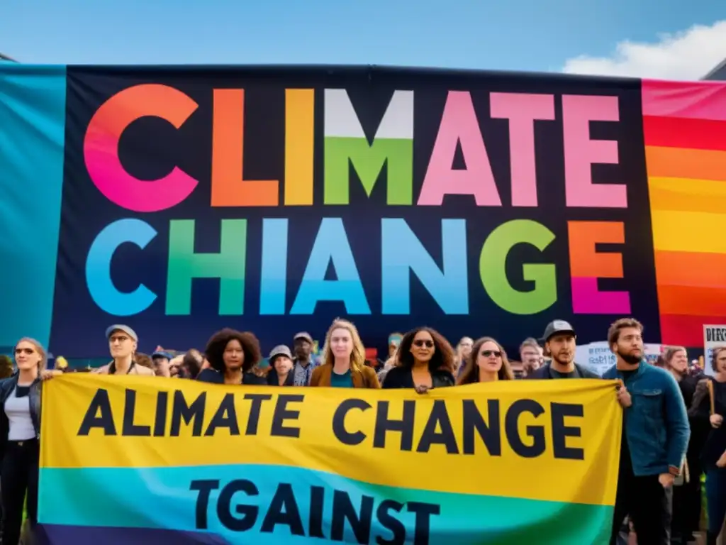 Grupo de jóvenes activistas en protesta por el cambio climático con pancarta colorida