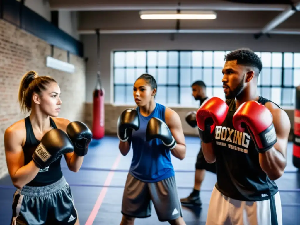 Jóvenes determinados entrenando en un gimnasio de boxeo urbano Un grupo de jóvenes adultos entrenando con guantes de boxeo en un gimnasio urbano