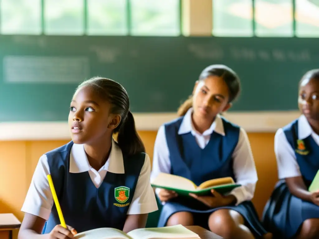 Un grupo de jóvenes alumnas, con uniformes escolares, aprenden en un aula llena de luz natural y una maestra lidera una discusión