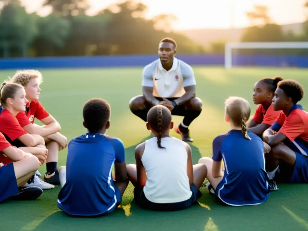 Un grupo de jóvenes atletas escucha atentamente a su entrenador en un campo de césped al atardecer, transmitiendo camaradería y determinación