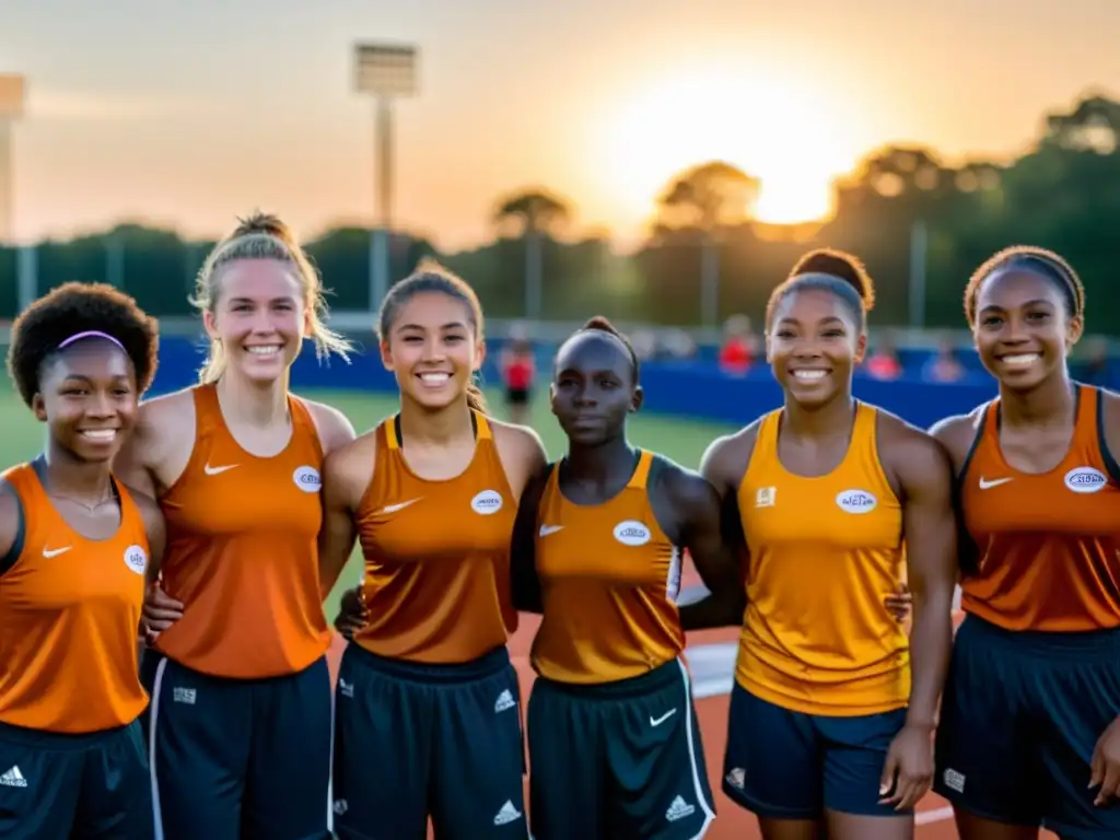 Un grupo de jóvenes atletas de origen humilde desafía prejuicios en un campo deportivo al atardecer, reflejando determinación y esperanza