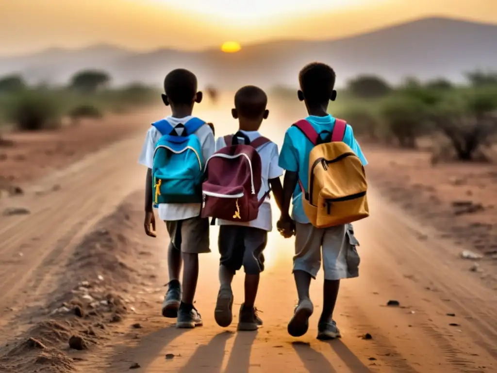 Un grupo de jóvenes caminan por un camino polvoriento al atardecer, mostrando determinación y cansancio