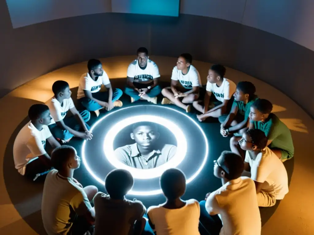 Jóvenes reflexionando sobre la paz en comunidad Un grupo de jóvenes en un centro comunitario, iluminados por el brillo de un proyector que muestra imágenes de regiones en conflicto