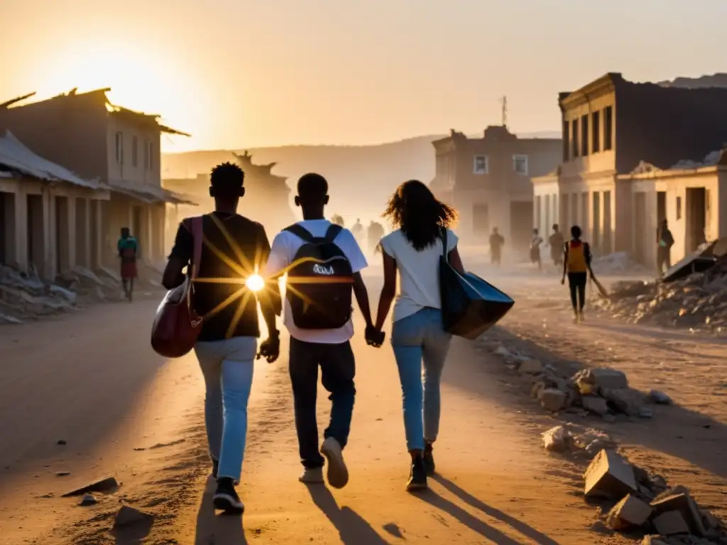 Un grupo de jóvenes camina con determinación entre escombros al atardecer, mostrando las consecuencias del desplazamiento forzado