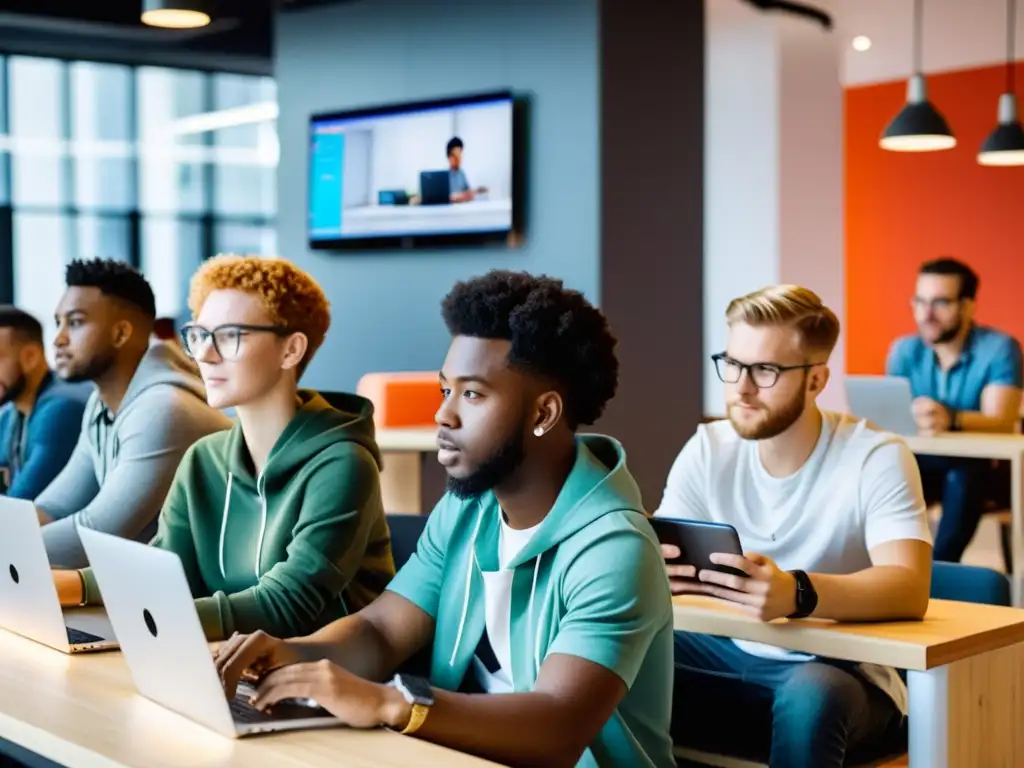 Un grupo de jóvenes trabajando en un espacio coworking moderno, mostrando la energía y diversidad del entorno laboral actual