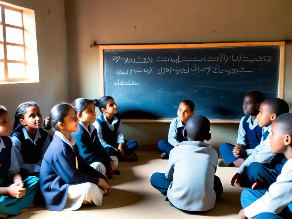 Un grupo de jóvenes estudiantes atentos en un aula improvisada en un campamento de refugiados