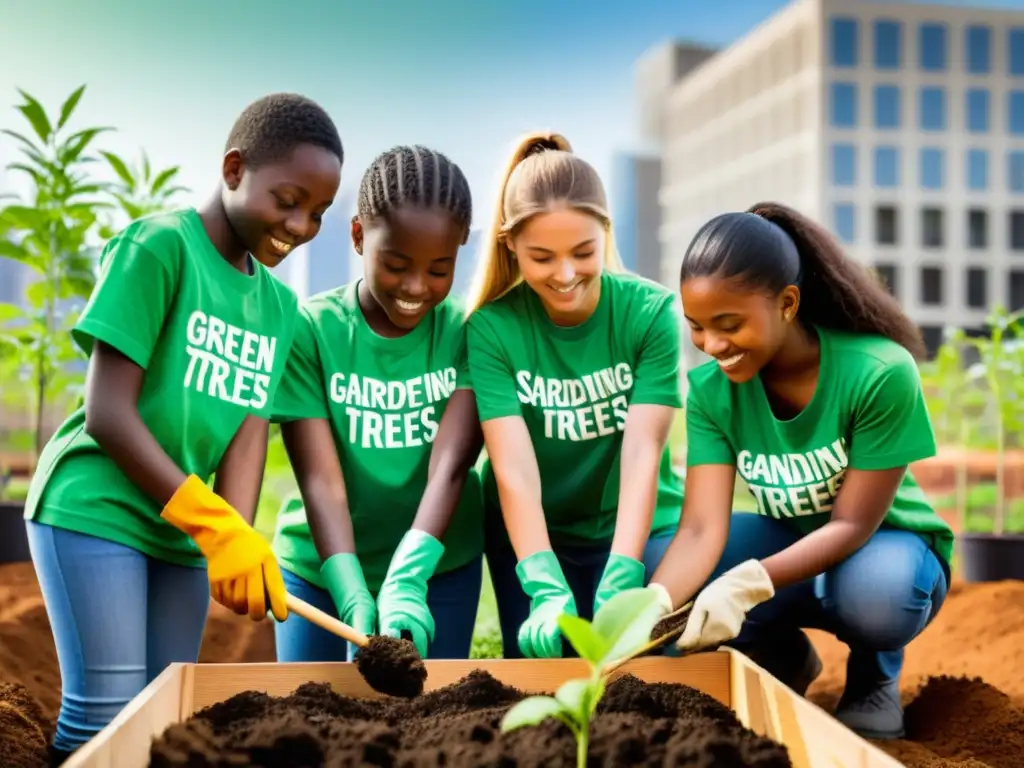 Un grupo de jóvenes estudiantes en camisetas verdes y guantes de jardinería plantando árboles en un área urbana