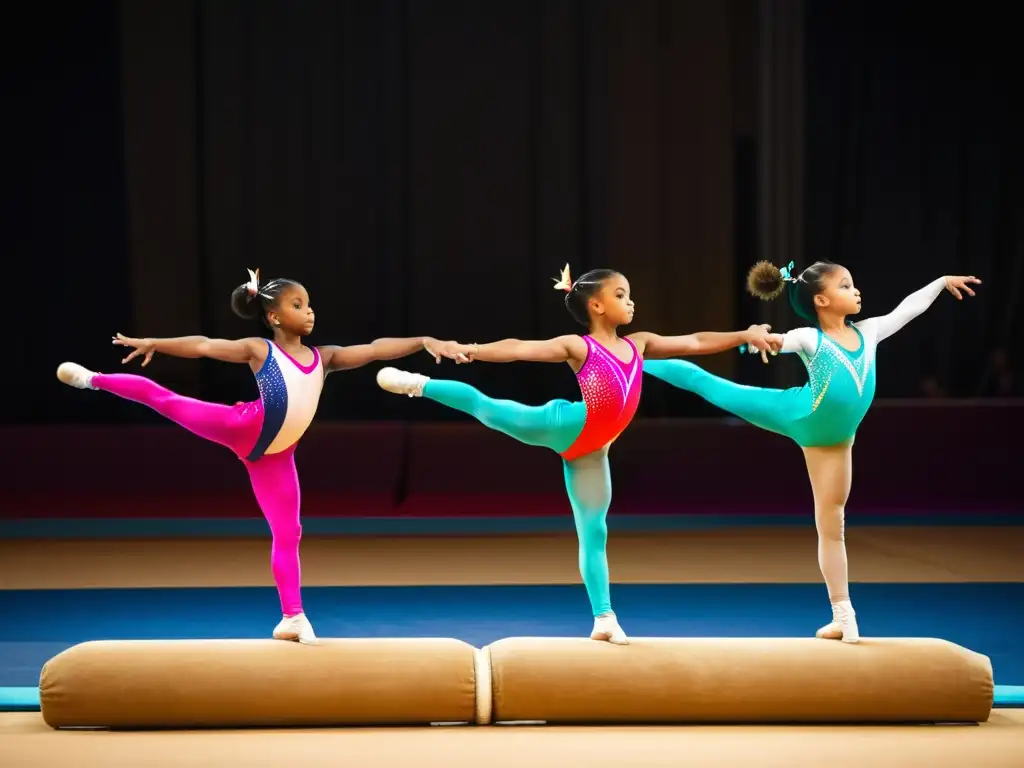 Grupo de jóvenes gimnastas ejecutando una rutina sincronizada en el suelo, destacando la autonomía juvenil a través de la gimnasia