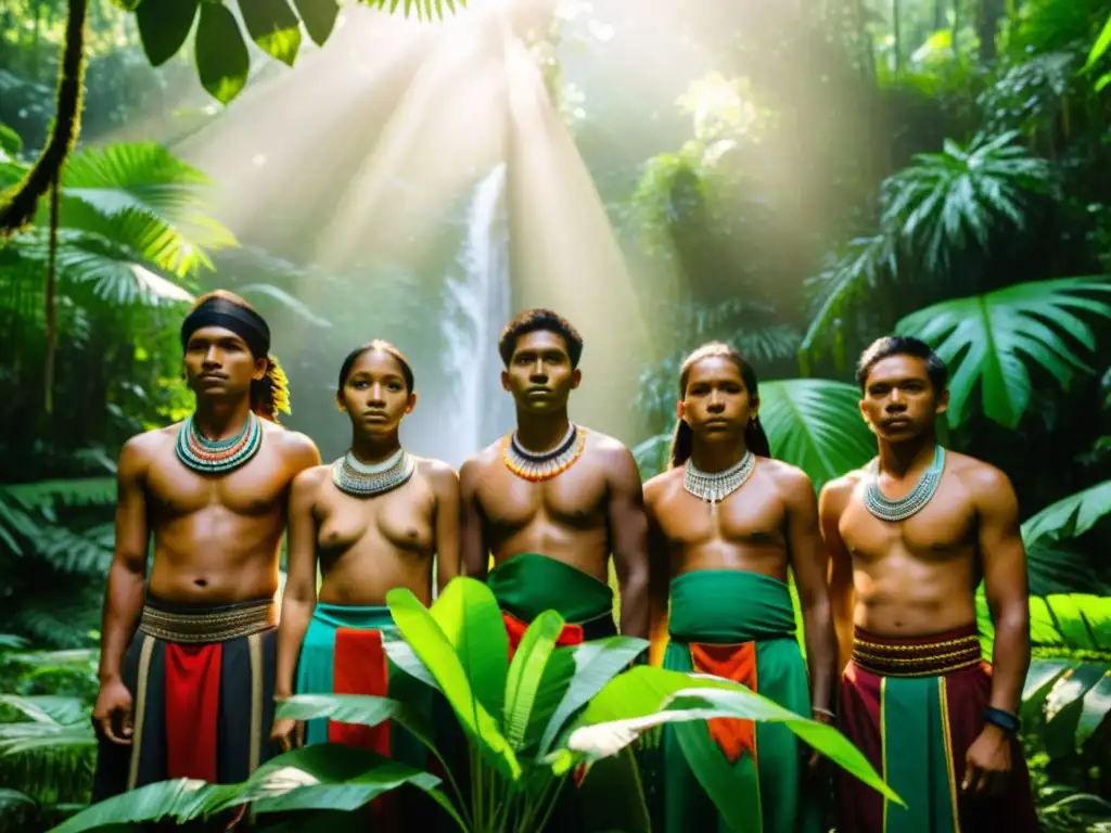 Grupo de jóvenes indígenas, Guardianes de la Tradición, en la exuberante selva biodiversa, con vestimenta tradicional y determinación en sus rostros