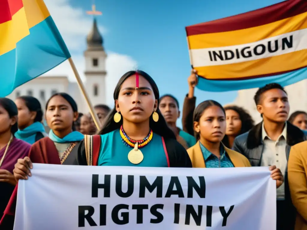 Grupo de jóvenes indígenas participando en protesta por los derechos humanos globales, expresando pasión y determinación