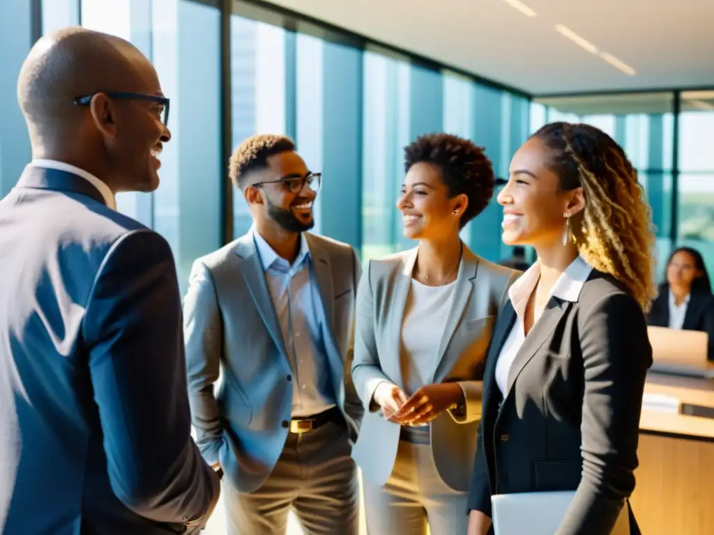 Un grupo de jóvenes influenciadores en trajes de negocios discuten estrategias de inversión sostenible con ejecutivos corporativos mayores en una oficina moderna de cristal