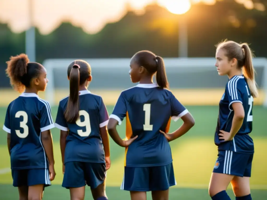 Un grupo de jóvenes jugadoras de fútbol escuchan atentamente a su entrenadora, mientras el sol se pone detrás de ellas